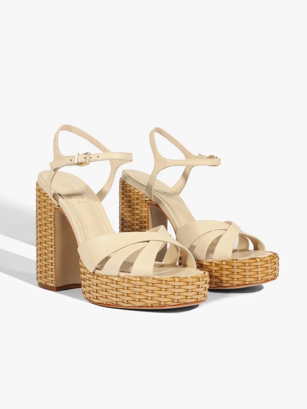 SCHUTZ KEEFA Women's Cream Woven-Platform Block Heel Straw Sandals NEW
